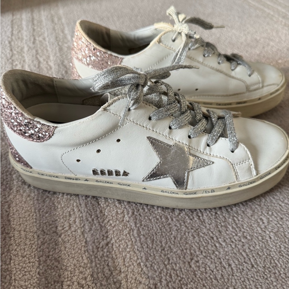 Golden Goose, Hi Star, size 38, silver star with glitter heel tab.